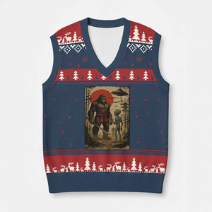 Samurai Bigfoot Japanese UFO V-Neck Knit Sweater Vest Sasquatch Ailen Ukiyo-e TS14 Navy Red Print Your Wear