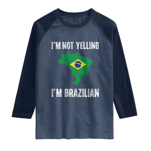 I'm Not Yelling I'm Brazilian Raglan Shirt Funny Brazil Pride TS14 Heather Denim Navy Print Your Wear