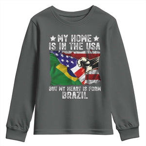 Brazilian American Patriot Heart Is From Brazil Flag Youth Sweatshirt TS14 Dark Heather Print Your Wear