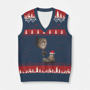Funny Cat Xmas V-Neck Knit Sweater Vest Cats Drinking Wine Oddly Specific Meme TS14 Navy Red Print Your Wear