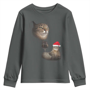 Funny Cat Christmas Youth Sweatshirt Cats Drinking Wine Oddly Specific Meme TS14 Dark Heather Print Your Wear