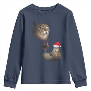 Funny Cat Christmas Youth Sweatshirt Cats Drinking Wine Oddly Specific Meme TS14 Navy Print Your Wear