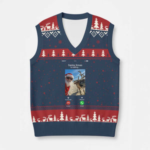 Santa Xmas Meme V-Neck Knit Sweater Vest Reindeer Video Call TS14 Navy Red Print Your Wear