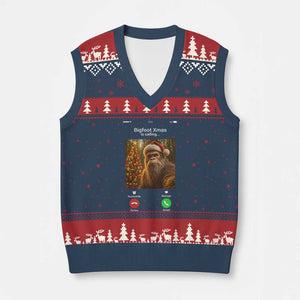 Funny Bigfoot Xmas V-Neck Knit Sweater Vest Sasquatch Video Call Meme TS14 Navy Red Print Your Wear