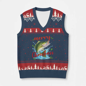 Bass Fish Xmas V-Neck Knit Sweater Vest Merry Chrisbass TS14 Navy Red Print Your Wear