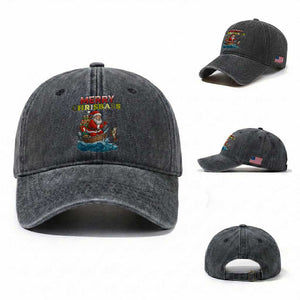 Santa Fishing Christmas Washed Cotton Baseball Cap Funny Fisherman Merry Chrisbass Xmas TS14 Washed Cap Universal Fit Dark Gray Print Your Wear