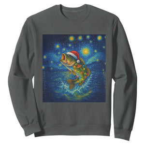 Bass Fish Christmas Sweatshirt Starry Night Fishing Van Gogh TS14 Dark Heather Print Your Wear