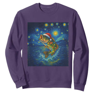 Bass Fish Christmas Sweatshirt Starry Night Fishing Van Gogh TS14 Purple Print Your Wear