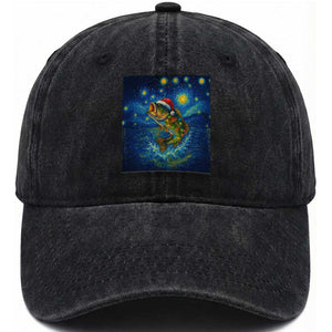 Bass Fish Christmas Washed Cotton Baseball Cap Starry Night Fishing Van Gogh TS14 Washed Cap Universal Fit Black Print Your Wear