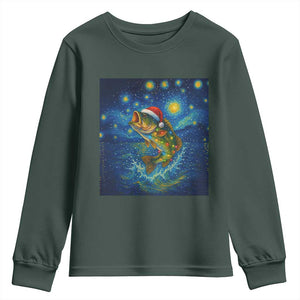 Bass Fish Christmas Youth Sweatshirt Starry Night Fishing Van Gogh TS14 Dark Forest Green Print Your Wear