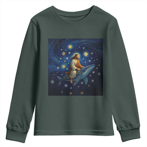 Jesus Christian Youth Sweatshirt Stary Night Van Gogh Christmas TS14 Dark Forest Green Print Your Wear