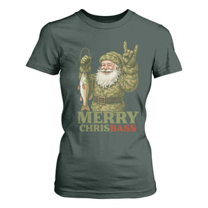 Funny Santa Camo Fishing T Shirt For Women Merry Chrisbass TS14 Dark Forest Green Print Your Wear