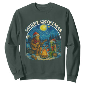 Funny Bigfoot Christmas Sweatshirt Sasquatch Alien Merry Cryptmas TS14 Dark Forest Green Print Your Wear