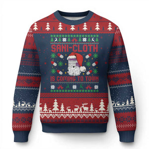Sani-cloth Is Coming To Town Ugly Christmas Sweater Funny Nurse Christmas TS14 Navy Red Print Your Wear