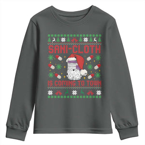 Sani-cloth Is Coming To Town Youth Sweatshirt Funny Nurse Christmas TS14 Dark Heather Print Your Wear