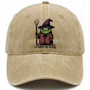 I Am Burnt Out M'lord Washed Cotton Baseball Cap Funny Wizard Frog Meme TS14 Washed Cap Universal Fit Khaki Print Your Wear