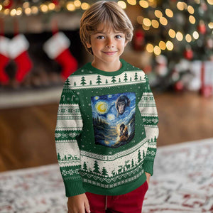 Punch Mokey Ugly Christmas Sweater Viral Baby Monkey Starry Night Van Gogh TS14 Forest Green Beige Print Your Wear