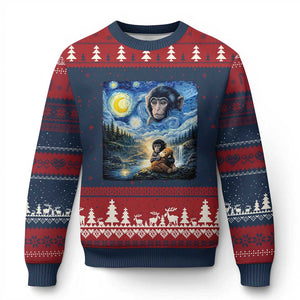 Punch Mokey Ugly Christmas Sweater Viral Baby Monkey Starry Night Van Gogh TS14 Navy Red Print Your Wear