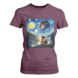 Punch Mokey T Shirt For Women Viral Baby Monkey Starry Night Van Gogh TS14 Maroon Print Your Wear