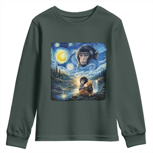 Punch Mokey Youth Sweatshirt Viral Baby Monkey Starry Night Van Gogh TS14 Dark Forest Green Print Your Wear