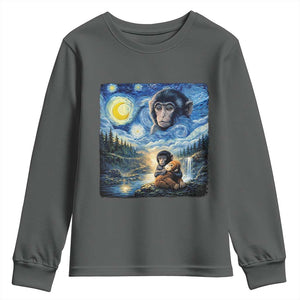 Punch Mokey Youth Sweatshirt Viral Baby Monkey Starry Night Van Gogh TS14 Dark Heather Print Your Wear