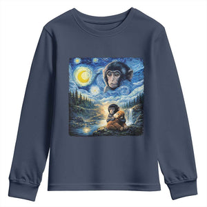 Punch Mokey Youth Sweatshirt Viral Baby Monkey Starry Night Van Gogh TS14 Navy Print Your Wear