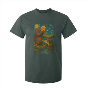 Funny Otter Drinking Beer T Shirt For Kid Van Gogh Starry Night TS14 Dark Forest Green Print Your Wear