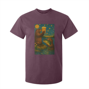 Funny Otter Drinking Beer T Shirt For Kid Van Gogh Starry Night TS14 Maroon Print Your Wear