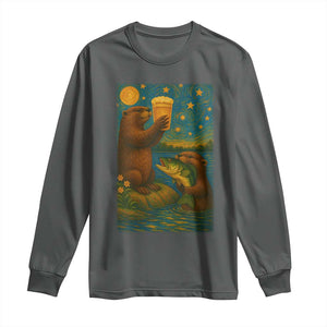 Funny Otter Drinking Beer Long Sleeve Shirt Van Gogh Starry Night TS14 Dark Heather Print Your Wear