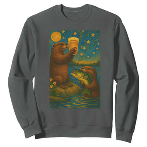 Funny Otter Drinking Beer Sweatshirt Van Gogh Starry Night TS14 Dark Heather Print Your Wear