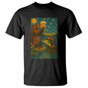 Funny Otter Drinking Beer T Shirt Van Gogh Starry Night TS14 Black Print Your Wear