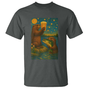 Funny Otter Drinking Beer T Shirt Van Gogh Starry Night TS14 Dark Heather Print Your Wear