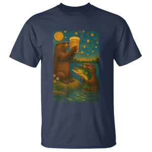 Funny Otter Drinking Beer T Shirt Van Gogh Starry Night TS14 Navy Print Your Wear