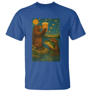 Funny Otter Drinking Beer T Shirt Van Gogh Starry Night TS14 Royal Blue Print Your Wear