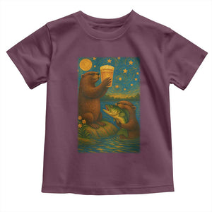 Funny Otter Drinking Beer Toddler T Shirt Van Gogh Starry Night TS14 Maroon Print Your Wear