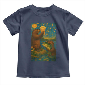 Funny Otter Drinking Beer Toddler T Shirt Van Gogh Starry Night TS14 Navy Print Your Wear