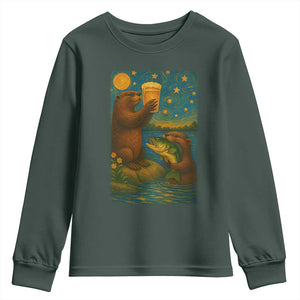 Funny Otter Drinking Beer Youth Sweatshirt Van Gogh Starry Night TS14 Dark Forest Green Print Your Wear