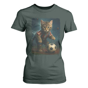 Funny Cat Soccer Ball T Shirt For Women Cute Kitty Football Player Lover TS14 Dark Forest Green Print Your Wear