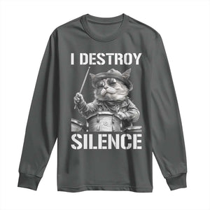 Funny Cat Rock Band Drummer Long Sleeve Shirt I Destroy Silence TS14 Dark Heather Print Your Wear