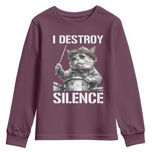 Funny Cat Rock Band Drummer Youth Sweatshirt I Destroy Silence TS14 Maroon Print Your Wear