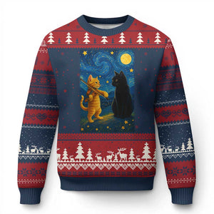 Cat Starry Night Ugly Christmas Sweater Van Gogh Violin Kitty Lover TS14 Navy Red Print Your Wear