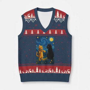 Cat Starry Night V-Neck Knit Sweater Vest Van Gogh Violin Kitty Lover TS14 Navy Red Print Your Wear