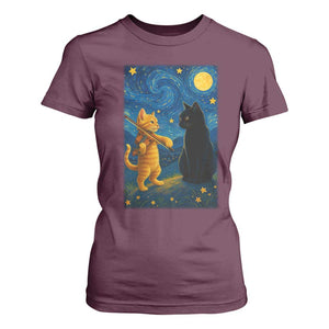 Cat Starry Night T Shirt For Women Van Gogh Violin Kitty Lover TS14 Maroon Print Your Wear