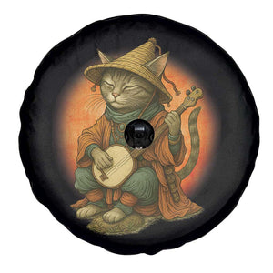 Japanese Samurai Cat Spare Tire Cover Retro Cat Playing Shamisen Art TS14 Print Your Wear