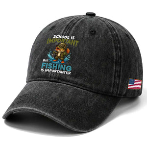School Is Important But Fishing Is Important Washed Cotton Baseball Cap Funny Bass Fishing TS14 Print Your Wear