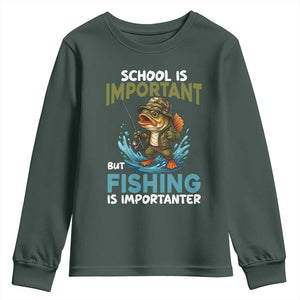School Is Important But Fishing Is Important Youth Sweatshirt Funny Bass Fishing TS14 Dark Forest Green Print Your Wear