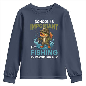 School Is Important But Fishing Is Important Youth Sweatshirt Funny Bass Fishing TS14 Navy Print Your Wear