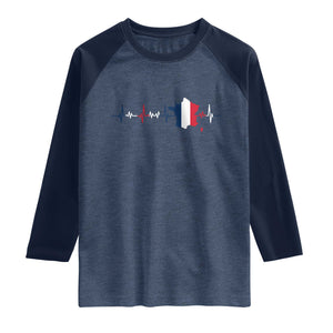 France Heartbeat EKG French Flag Map Raglan Shirt TS14 Heather Denim Navy Print Your Wear