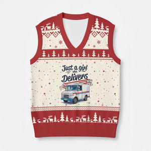 Funny Postal Worker V-Neck Knit Sweater Vest Just A Girl Who Delivers TS14 Beige Red Print Your Wear