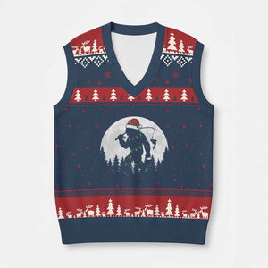 Funny Bigfoot Fishing Xmas V-Neck Knit Sweater Vest Sasquatch Moon Fisherman TS14 Navy Red Print Your Wear
